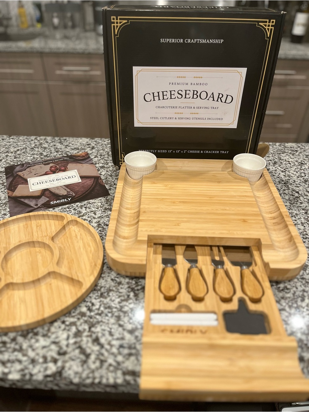 Premium Bamboo Cheeseboard with Cutlery & Dishes